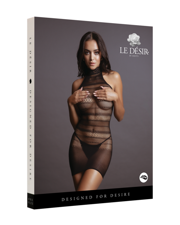 High Lace Neck Net Mini Dress - One Size - Black