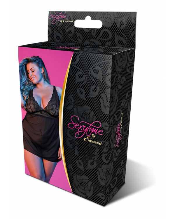 Babydoll with Open Back and G-String Set - 2X - Black