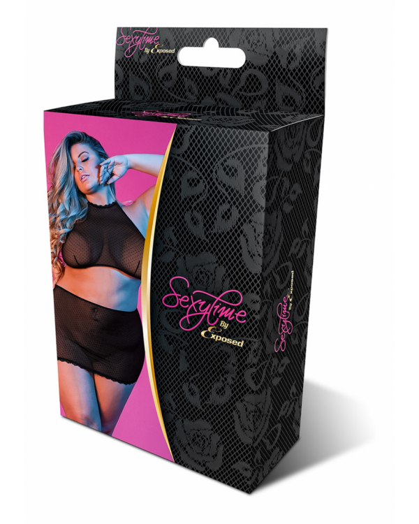 Polka Dot Mesh Halter and Skirt Set - 2X - Black