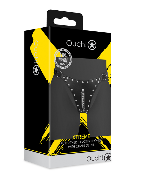 PU Leather Chastity Thong with Chain Detail - Black