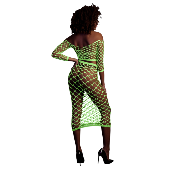 Dramatic Elegance: The Neon Long Sleeve Crop Top and Long Skirt ensemble exudes dramatic elegance with an off-shoulder long sleeve crop top and a gracefully flowing long skirt