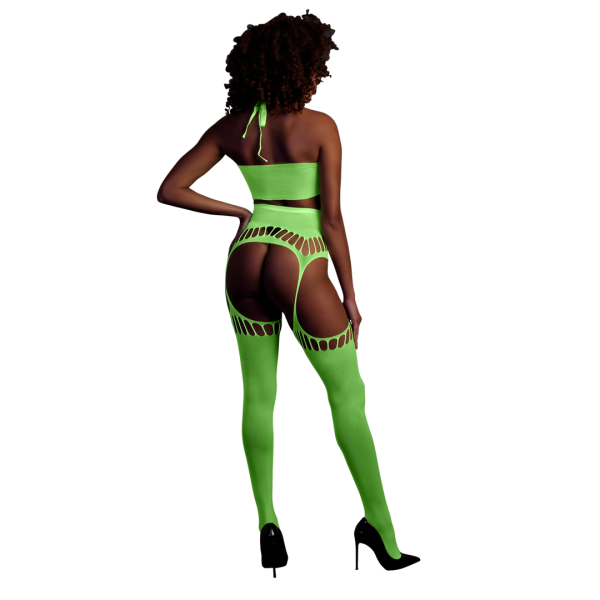 Vibrant Crop Top: Elevate your style with the Neon Two-Piece featuring a vibrant crop top that adds a playful and eye-catching element to your ensemble.Coordinated Stockings: The set includes matching stockings
