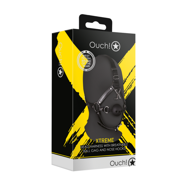 Head Harness with Breathable Ball Gag and Nose Hooks - Black