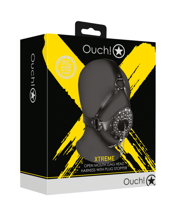 Open Mouth Gag Head Harness with Plug Stopper - Black