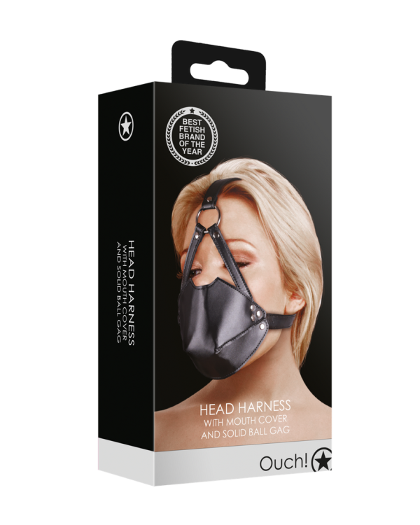 Head Harness with Mouth Cover and Solid Ball Gag - Black