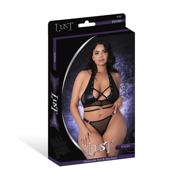Nadia - Diamond Mesh Halter Top and Ring Thong with Rings Clasps and Studs - 2X - Black
