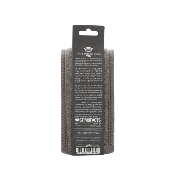 The Touché Standard Back Strap gives you easy access to those difficult-to-reach areas on your body!One side is silky smooth for a gentle polishing cleanse.The other side has a rough scrub surface for a thorough tingling exfoliation.The Charcoal component helps to draw out daily impurities and gently remove the build up of dirt and toxins from your pores.The natural fibres of Hemp and Flax are ideal for exfoliating and provide an all-over healthy glow to your skin./