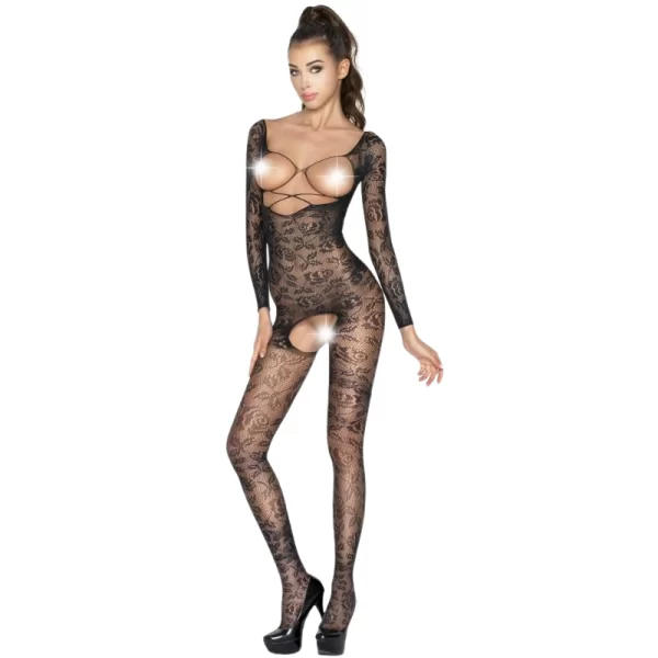 Passion BS031 Bodystocking czarny z aÅ¼urowym haftem One Size