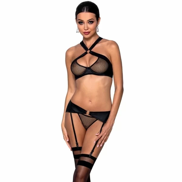 Passion Amanda S/M - komplet z ekoskory z siateczkÄ… i zÅ‚otymi detalami