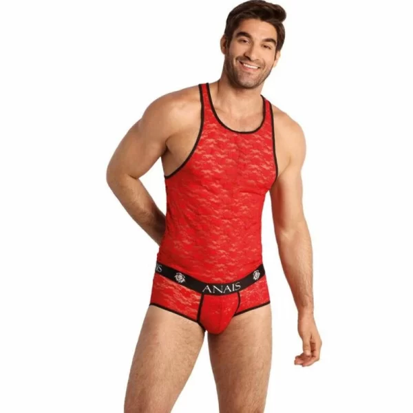 Anais Men Top XL Czerwony Koronkowy Bez RÄ™kawow Kwiatowy Wzor