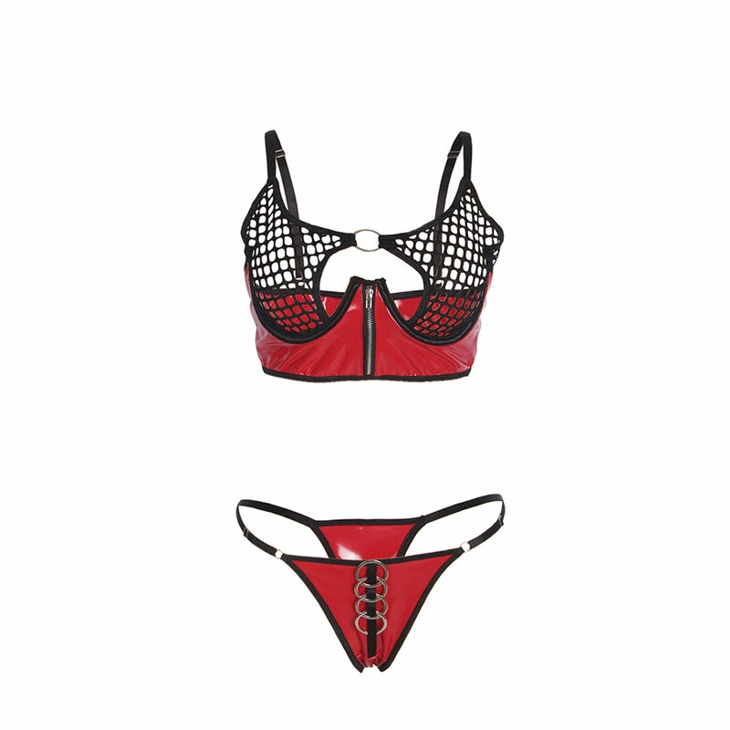 czerwony S/M - Boutique Anelma SUBBLIME 955533 Red Shiny Faux Leather & Mesh Bra Set S/M