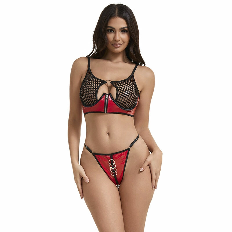SUBBLIME 955540 Red Glossy Mesh Bra Set with Zipper L/XL - Boutique Anelma SUBBLIME Biustonosz L/XL czerwony lakierowany z siatkÄ… na zamek