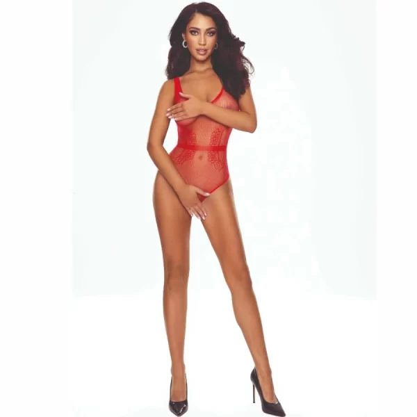 Passion BS115 Bodystocking czerwony siateczkowy design
