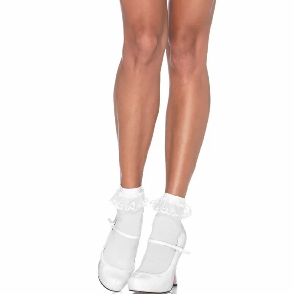 Leg Avenue White Lace Ruffle Ankle Socks - Elegant Vintage Style, One Size