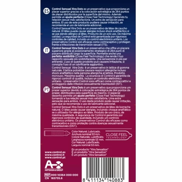 <strong>Control Xtra Dots Textured Latex Condoms 12 pcs 54mm 190mm</strong><br><br>Discover the advanced design of Control Xtra Dots â€“ a premium latex solution for those who appreciate innovation in intimate protection. Engineered with an anatomical shape and an array of 264 precisely positioned raised dots