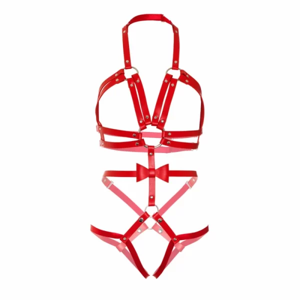Alternative view of Leg Avenue Kink Harness Teddy Vegan Leather Red S - Adjustable O-Ring Style
