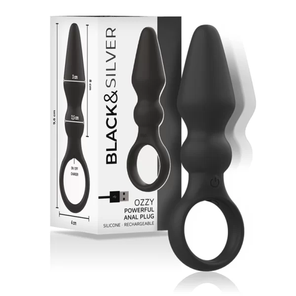 Black&Silver OZZY Silicone Vibrating Plug with Dual-Layer System