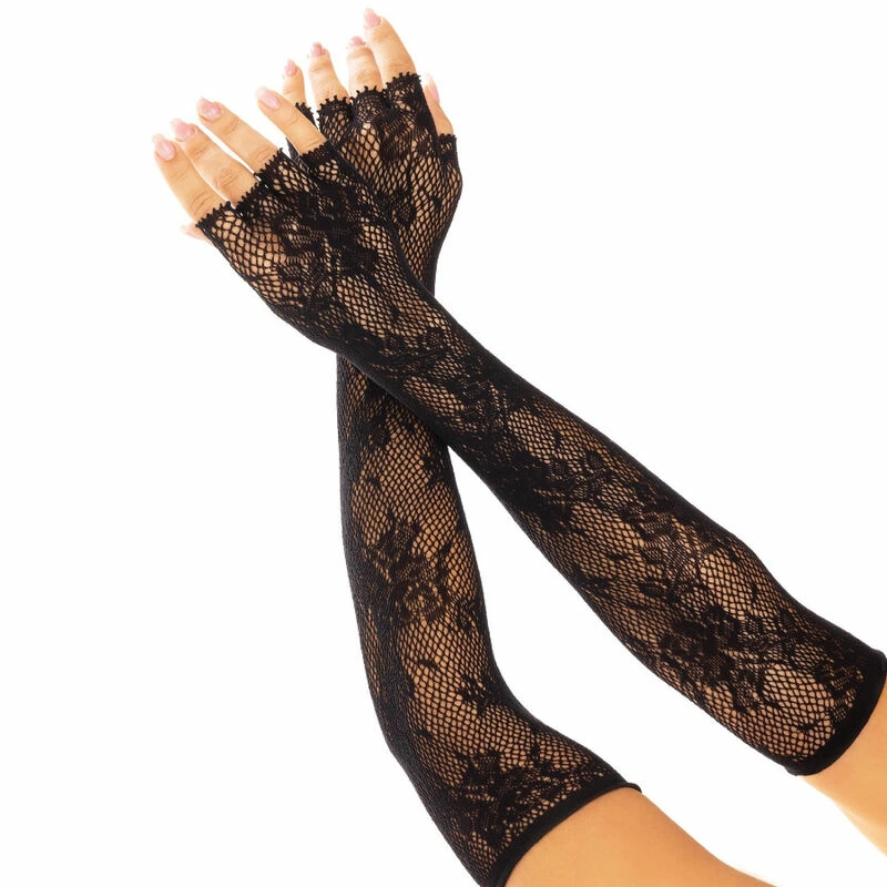 Leg Avenue Floral Mesh Opera-Length Fingerless Gloves Black One Size - Boutique Anelma