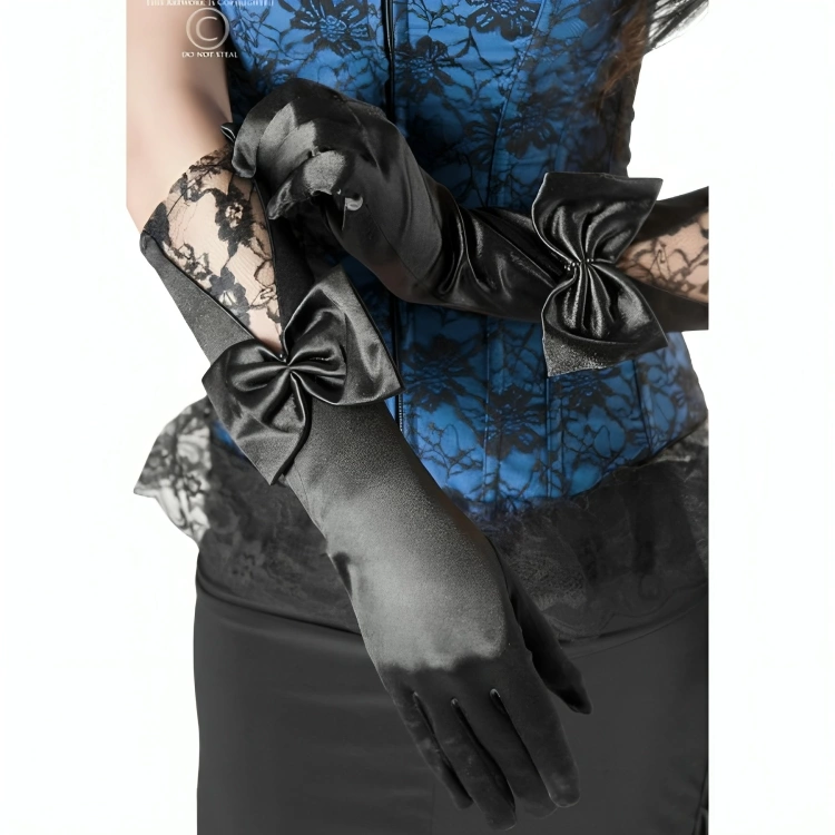 Chilirose CR 3252 Eleganckie Rękawiczki Satynowe z Koronką Czarne - Boutique Anelma Chilirose CR 3252 Elegant Black Satin Gloves with Lace & Bow Detail