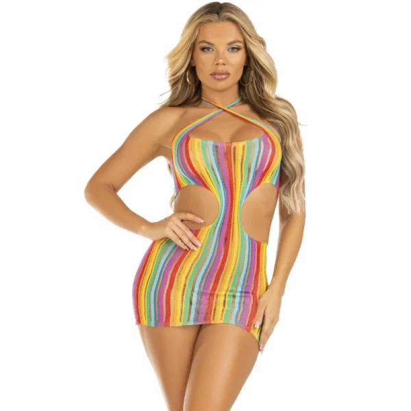 Leg Avenue Rainbow Striped Halter Mini Dress - Multicolor - Boutique Anelma