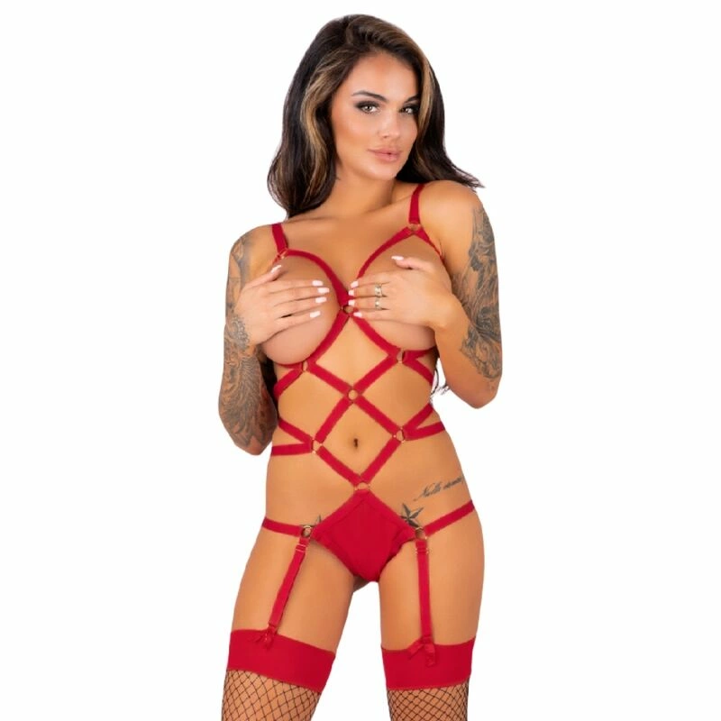 Livco Corsetti Thiara LC 20213 Red Lingerie Set with Body & Stockings S/M - Boutique Anelma Livco Corsetti Thiara LC 20213 Komplet body z pończochami czerwony S/M