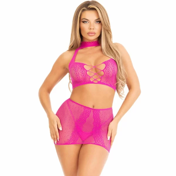 Leg Avenue Fuchsia Lace Halter Top & Mini Skirt Set, One Size