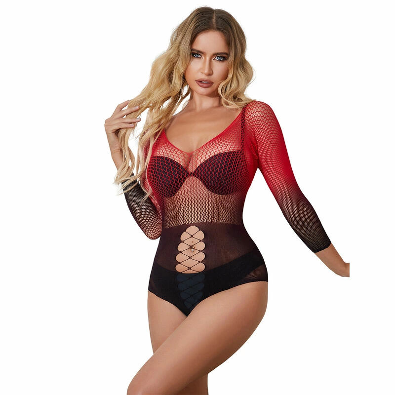 Subblime 952259 Gradient Red-Black Mesh Long Sleeve Dress One Size - Boutique Anelma Subblime 952259 Sukienka siateczkowa gradient czarno-czerwona uniwersalna