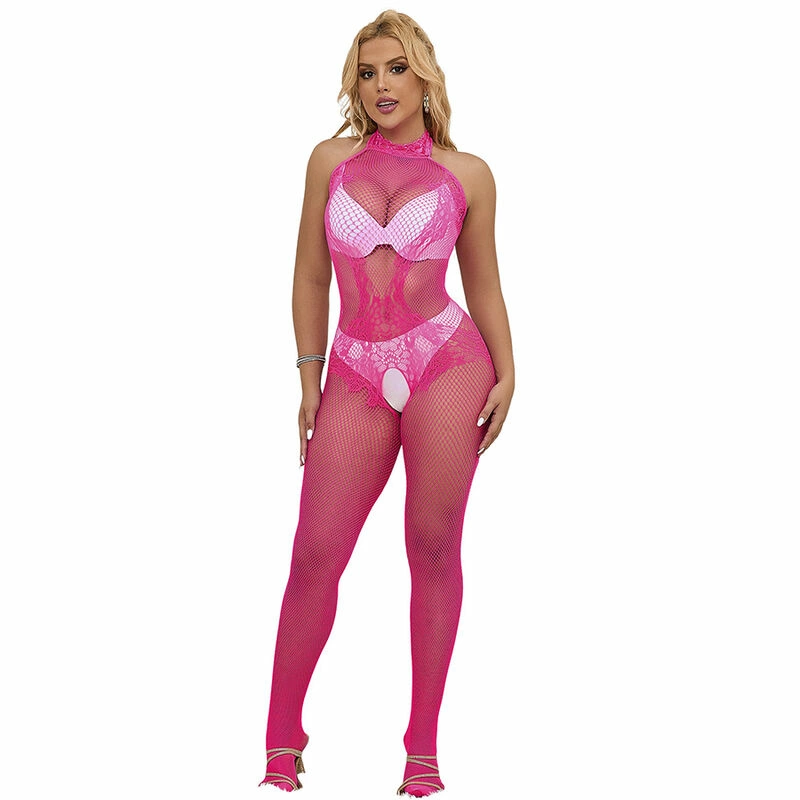 Subblime 952389 Pink Fishnet High Neck Lace Bodysuit One Size - Boutique Anelma Subblime 952389 Bodystocking siateczkowy i koronkowy rożowy uniwersalny