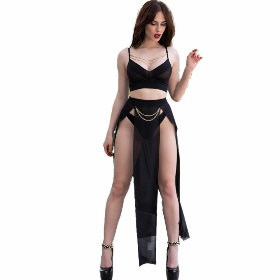 Skirt & Thong S - Boutique Anelma Chilirose CR 4672 Black Set with Golden Chains - Top