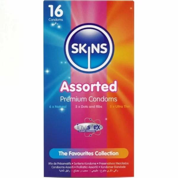 <strong>Skins Premium Assorted Latex Condoms Pack 16 pcs – Mixed Textures & Ultra-Thin</strong><br><br>Discover a new level of protection and comfort with the Skins Premium Assorted Condoms Pack. Designed for those who value both safety and variety