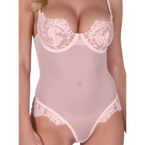 Passion Zovel Bodysuit Light Pink L/XL - Sheer Mesh & Lace Elegance