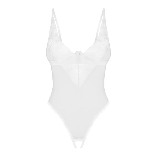 Obsessive Alissium White Bodysuit XL/2XL - Geometric Lace, Open Design
