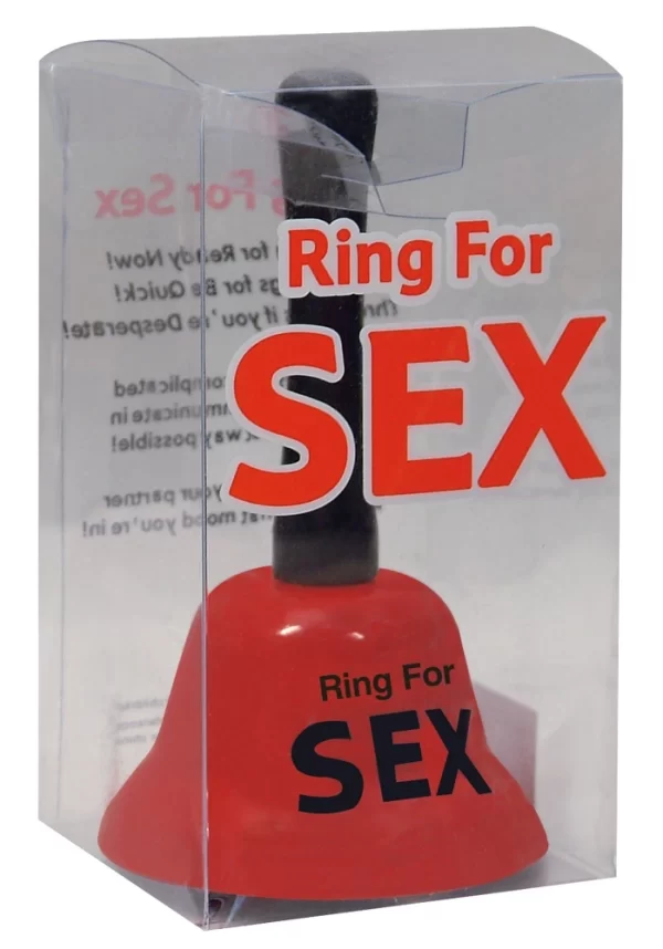 this vibrant red bell features a clear message printed in bold black lettering