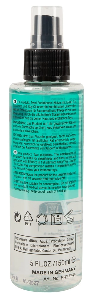 EROS Spray do dezynfekcji bezzapachowy 150ml do akcesoriow i skory - Boutique Anelma <p><strong>EROS 2in1 Intimate & Toy Cleaner Spray 150ml</strong> is a specialized dual-purpose hygiene solution designed for both personal care and the maintenance of intimate accessories. Developed with a mild