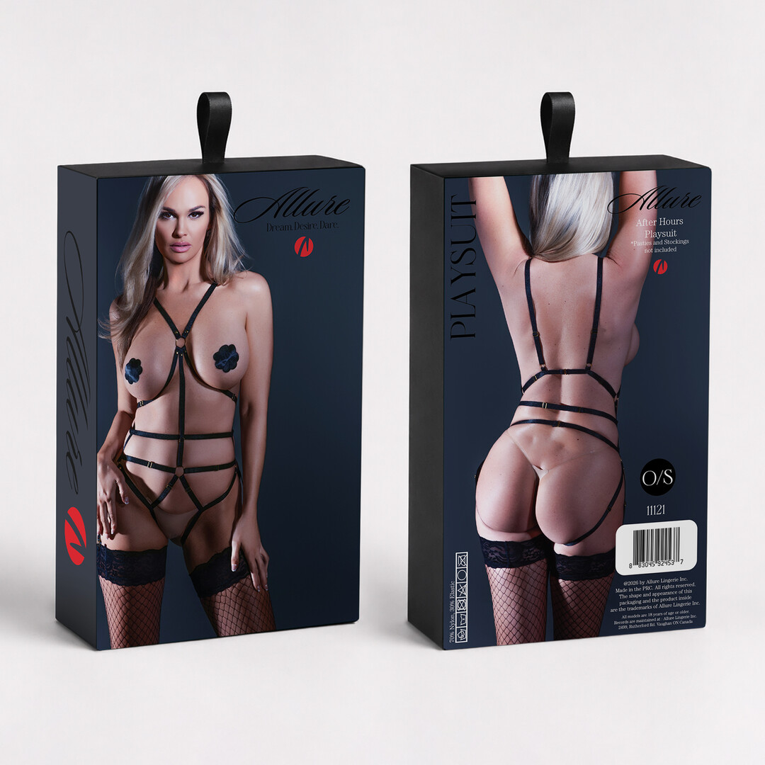 After Hours Playsuit - Open Teddy with Garters - One Size - Black