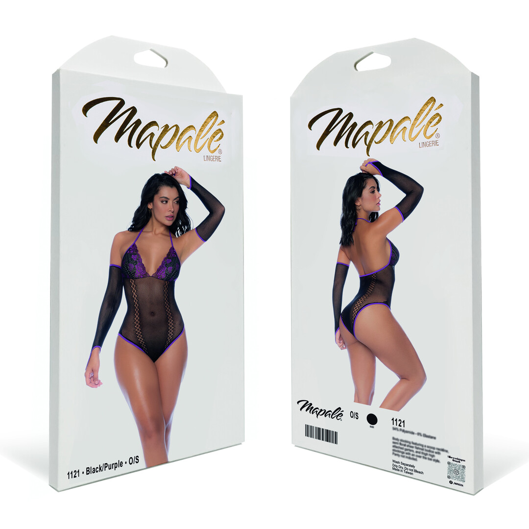 Fishnet and Lace Bodysuit Set - One Size - Black/Purple