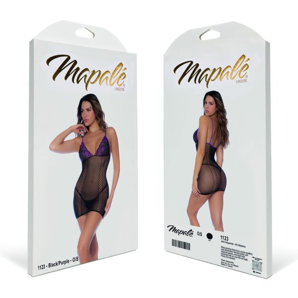 Fishnet and Lace Dress Stocking - One Size - Black/Purple