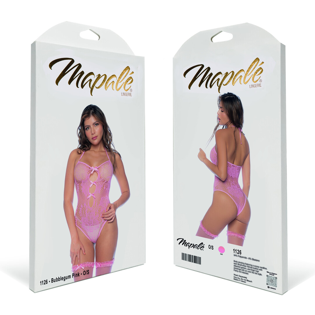 Floral Fishnet Bodysuit Set - One Size - Bubbelgum Pink