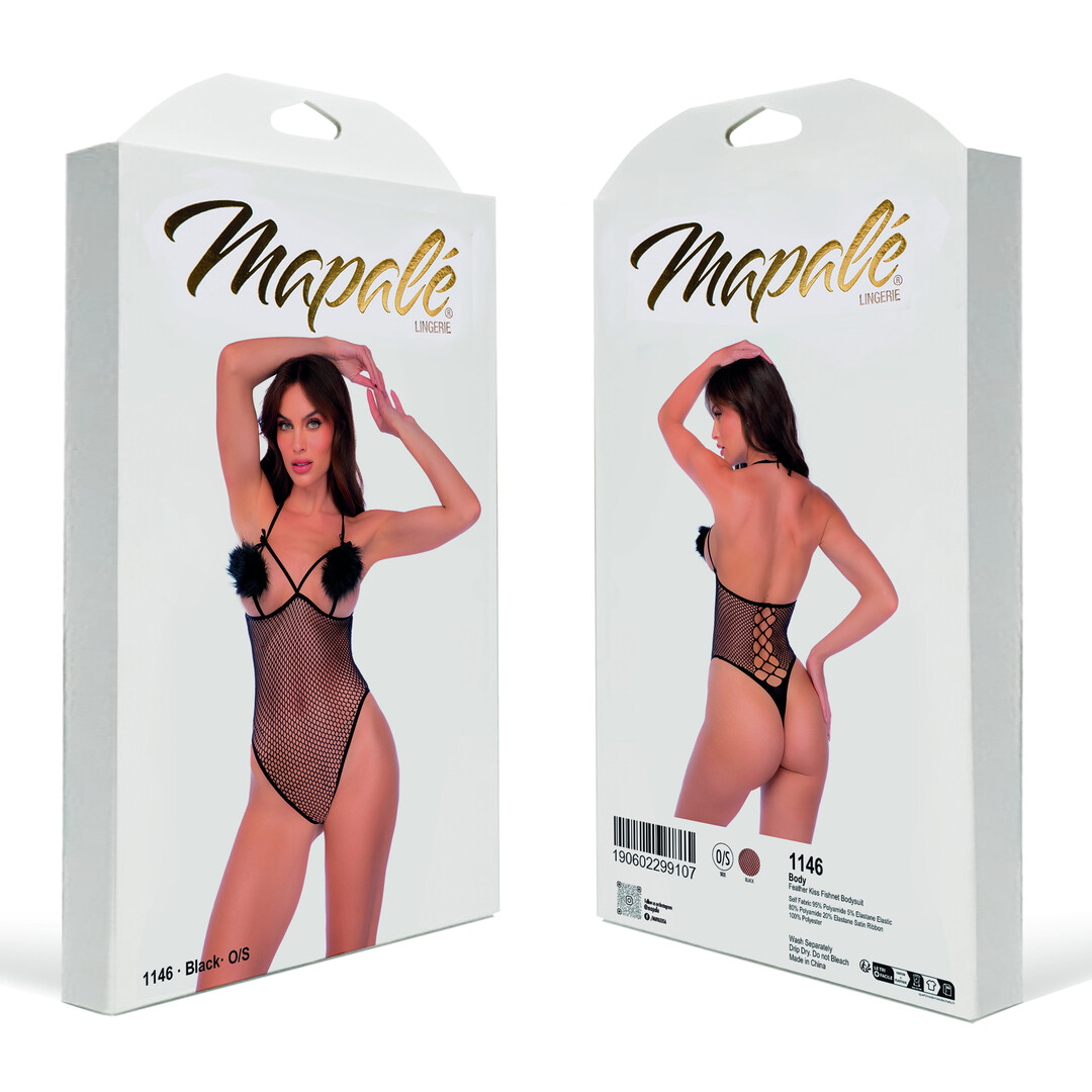 Feather Kiss Fishnet Bodysuit - One Size - Black