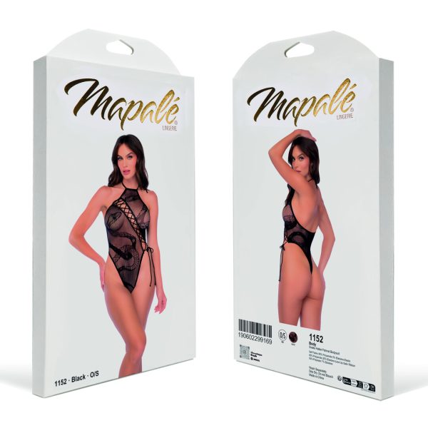 Snake Halter Fishnet Bodysuit - One Size - Black