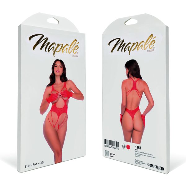 Open Cup Fishnet Bodysuit with Gloves - One Size - Red