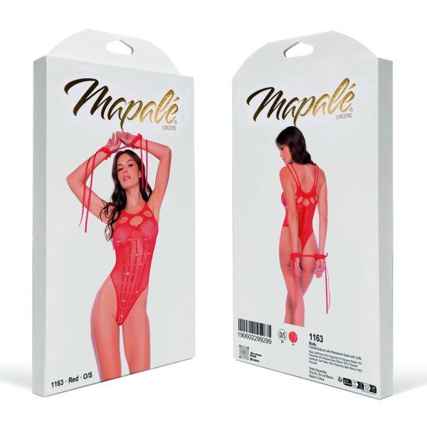 Fishnet Bodystocking with Rhinestone Detail and Cuffs - One Size - Red