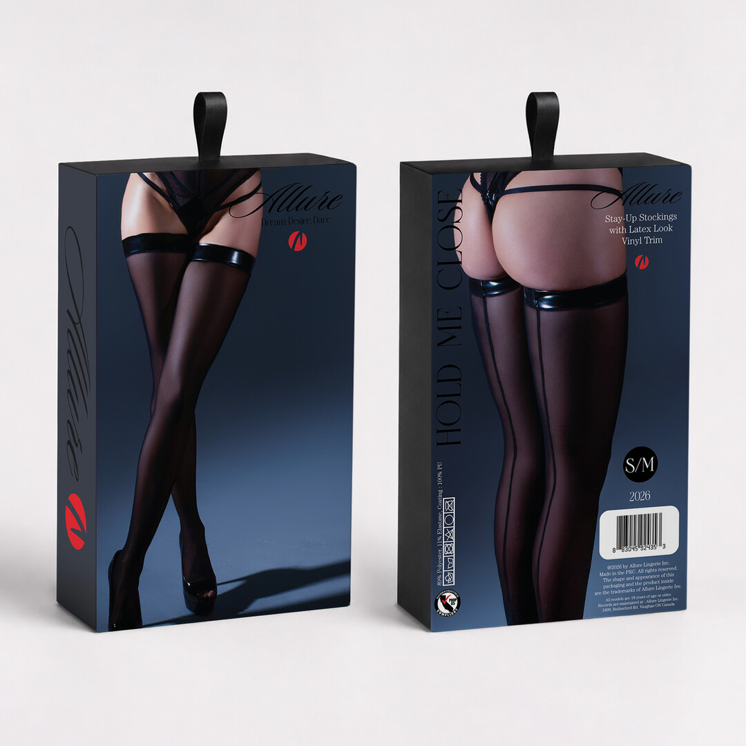 Hold Me Close - Stay Up Stockings with Latex Look Vinyl Trim - L/XL - Black