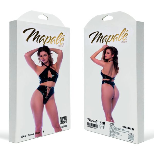 Two Piece Halter Set with Lace-up Panty - L - Gloss Black