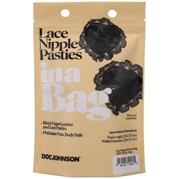 Black Vegan Leather and Lace PastiesSilicone Glue Allows for Multiple UsesPhthalate-Free