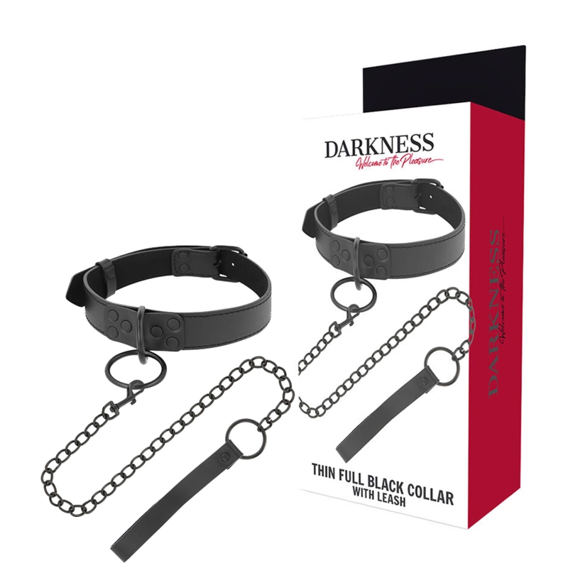 Darkness Adjustable Black Neoprene & Semi-Leather Collar with Metal Chain - Boutique Anelma Darkness Adjustable Black Neoprene & Semi-Leather Collar with Metal Chain