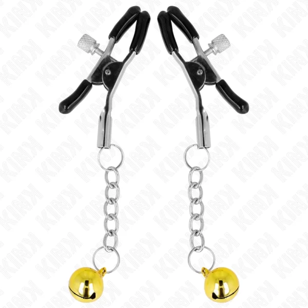 <b>KINK Gold Jingle Bell Adjustable Nipple Clamps 6 cm â€“ Premium Metal Accessories for Discreet Sensory Play</b><br><br>Discover a blend of style and functional precision with the KINK Gold Jingle Bell Adjustable Nipple Clamps. Crafted to combine elegant aesthetics with reliable performance