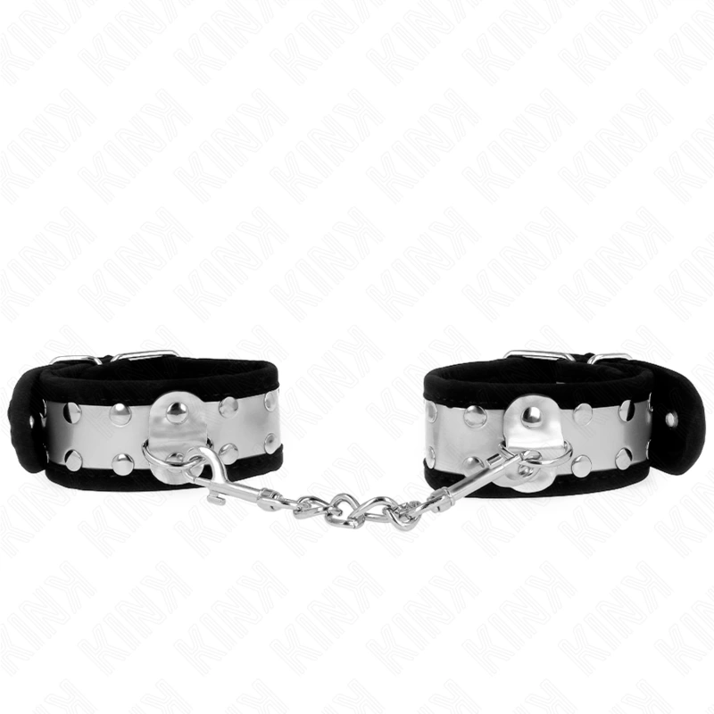 KINK Thin Adjustable Wrist Restraints Black/Silver 30x4cm Leather Finish - Boutique Anelma KINK Thin Adjustable Wrist Restraints Black/Silver 30x4cm Leather Finish