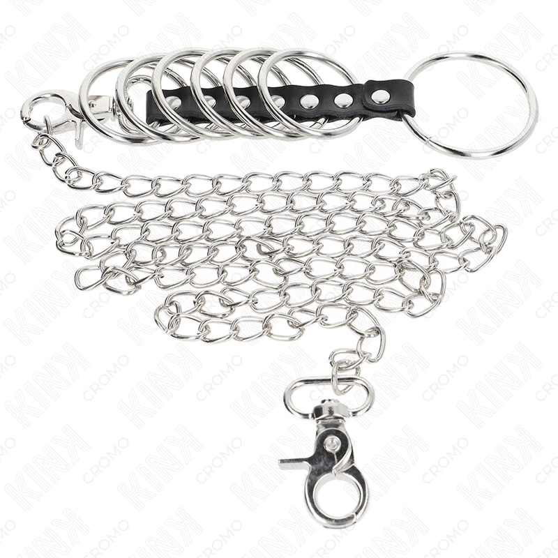 KINK Zestaw 7 metalowych pierścieni 3 - Boutique Anelma <b>KINK Metal & Leather Ring System 7-Piece with 100cm Chain – Silver & Black</b><br><br>Discover a versatile and robust accessory designed for enthusiasts who value high-quality materials and precision craftsmanship. The KINK 7-Piece Metal Ring System stands out with its combination of seven interconnected stainless steel rings