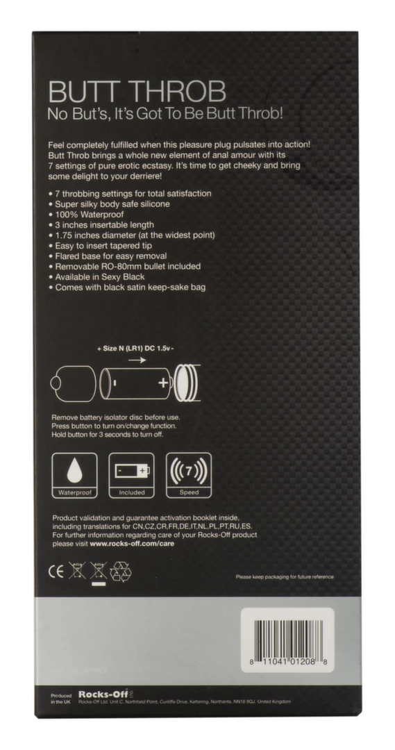 Rocks-Off Butt Throb 7-Speed Intimate Silicone Plug Black 95mm